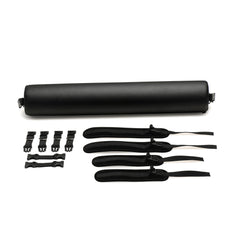 Full Sex Spreader kit flat lay: 30-inch bar, four padded cuffs, extension straps, and buckle clips