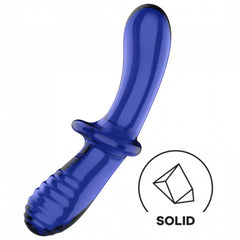 Full side profile of blue glass dildo with hand guard showing solid borosilicate construction