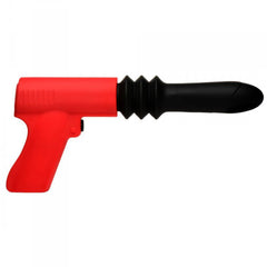 Full side profile of Pistol Pounder showing extended black silicone shaft and smooth red ergonomic grip