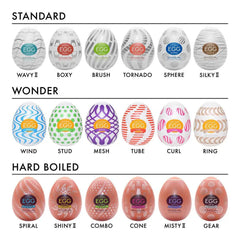 Full Tenga Egg range chart showing Standard, Wonder, and Hard Boiled series styles including Cone
