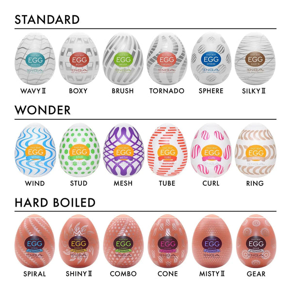 Full Tenga Egg range chart showing Standard, Wonder, and Hard Boiled series styles including Misty II