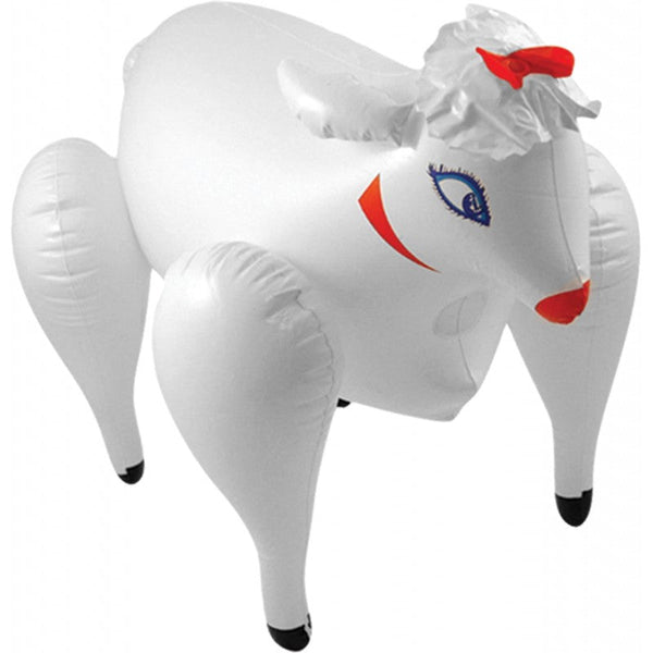 Fully inflated white Lola Love Lamb novelty blow-up sheep with red bow accent, standing on four legs