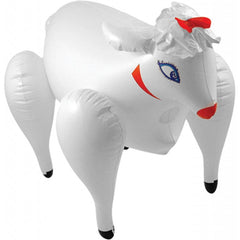 Fully inflated white Lola Love Lamb novelty blow-up sheep with red bow accent, standing on four legs