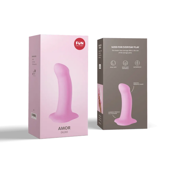 Fun Factory Amor dildo in candy rose pink shown with front and back retail packaging