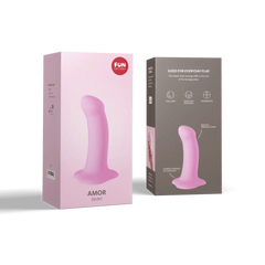 Fun Factory Amor dildo in candy rose pink shown with front and back retail packaging