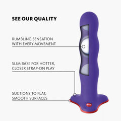 Fun Factory Bouncer infographic highlighting internal weights, slim strap-on base, and suction-cup feature