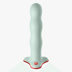 Fun Factory BOUNCER sage green dildo, front view showing Fun Factory logo on stable suction-cup base