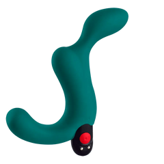 Fun Factory Duke teal prostate vibrator side angle revealing contoured body and base button