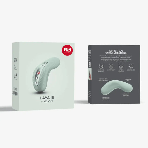 Fun Factory Laya III massager shown with front and back of mint green retail packaging
