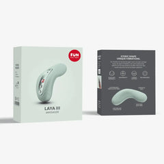 Fun Factory Laya III massager shown with front and back of mint green retail packaging