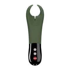 Fun Factory Manta stroker in olive green colorway displaying soft flexible fork and ribbed surface