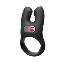 Fun Factory NŌS cock ring in matte black silicone, showing oval control button and split-ear head
