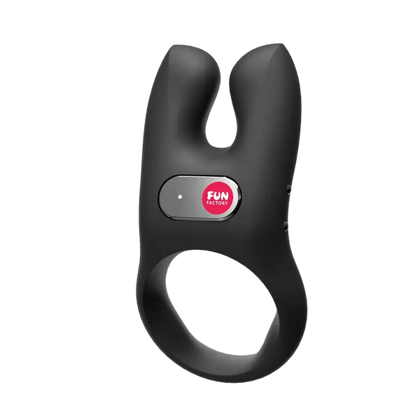 Fun Factory NŌS matte black cock ring on white background, showing full ring silhouette and oval button