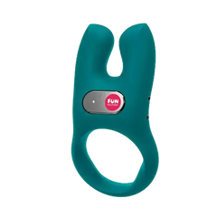 Fun Factory NŌS teal silicone vibrating cock ring, side-front view showing elongated rabbit-ear tips