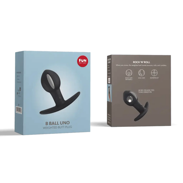 Fun Factory B Ball UNO weighted butt plug shown beside its front and back retail packaging