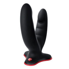 Fun Factory RYDE dual-shaft black silicone dildo with red suction base, side angle view
