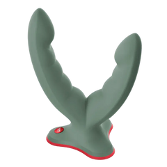 Fun Factory Ryde grinding dildo in sage green silicone, angled view showing flexible dual shafts