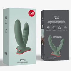 Fun Factory Ryde Grinding Dildo sage green version displayed beside front and back of packaging