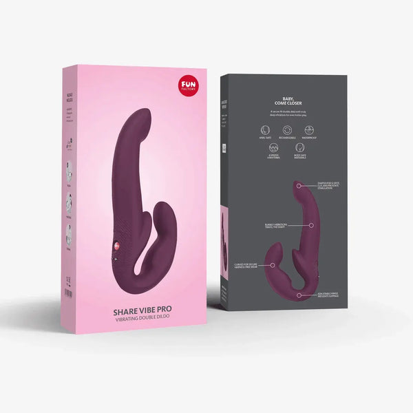 Fun Factory Share Vibe Pro vibrating double dildo shown with front and back of pink and grey packaging