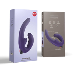 Fun Factory Sharevibe wearable double dildo in purple with front and back packaging