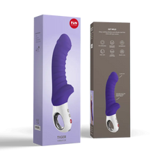 Fun Factory Tiger vibrator packaging front and back in purple, showing product and feature icons