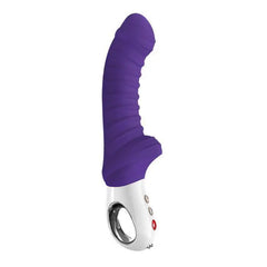 Fun Factory Tiger vibrator in purple colorway, showing curved silicone shaft and button controls