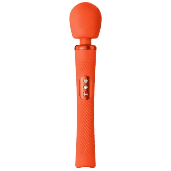 Fun Factory Vim Vibrating Wand Massager in coral orange with three control buttons