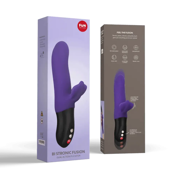 Fun Factory Bi Stronic Fusion rabbit pulsator shown in purple beside its retail packaging