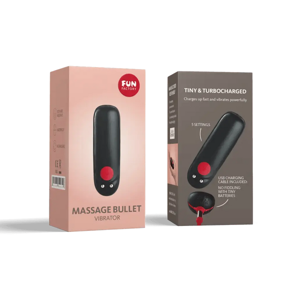 Fun Factory Massage Bullet Vibrator front and back packaging, black with red button