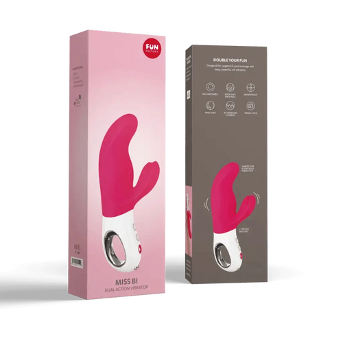 Fun Factory Miss Bi Dual Action Vibrator pink box with back panel, silicone rabbit design