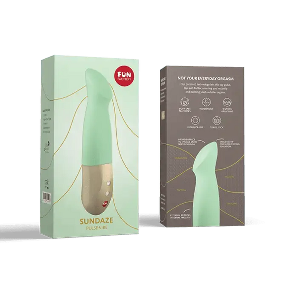 Fun Factory Sundaze Pulse Vibe in mint green shown beside front and back of retail packaging
