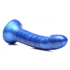 G-Tastic blue silicone dildo lying flat showing G-spot curve and swirled metallic finish