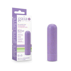 Gaia Eco Rechargeable Bullet vibrator in lilac beside its purple branded box