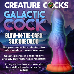 Galactic Cock glow-in-the-dark silicone dildo product description card with key feature highlights