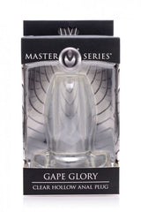 Gape Glory Clear Hollow Anal Plug in Master Series retail packaging, front-facing product box