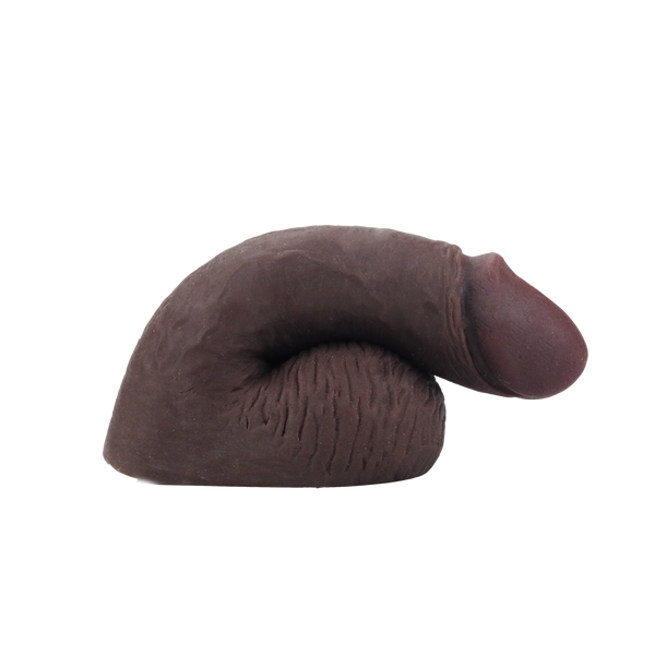 Gender Fluid Equipped 5-inch soft packer in dark brown, flexible TPE, side profile view