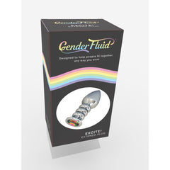 Gender Fluid Excite! Extendo Plug front packaging in black box with rainbow stripe detail
