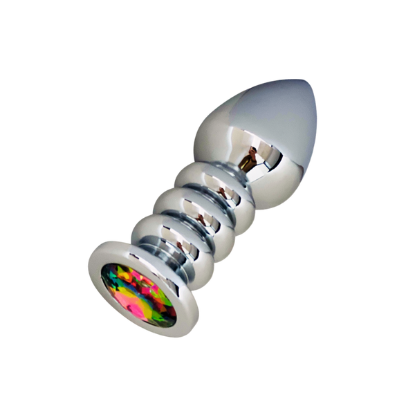 Gender Fluid Excite! Extendo Plug in polished silver metal with rainbow gemstone base