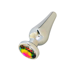 Gender Fluid Excite! Flared Plug in polished silver metal with rainbow gemstone base