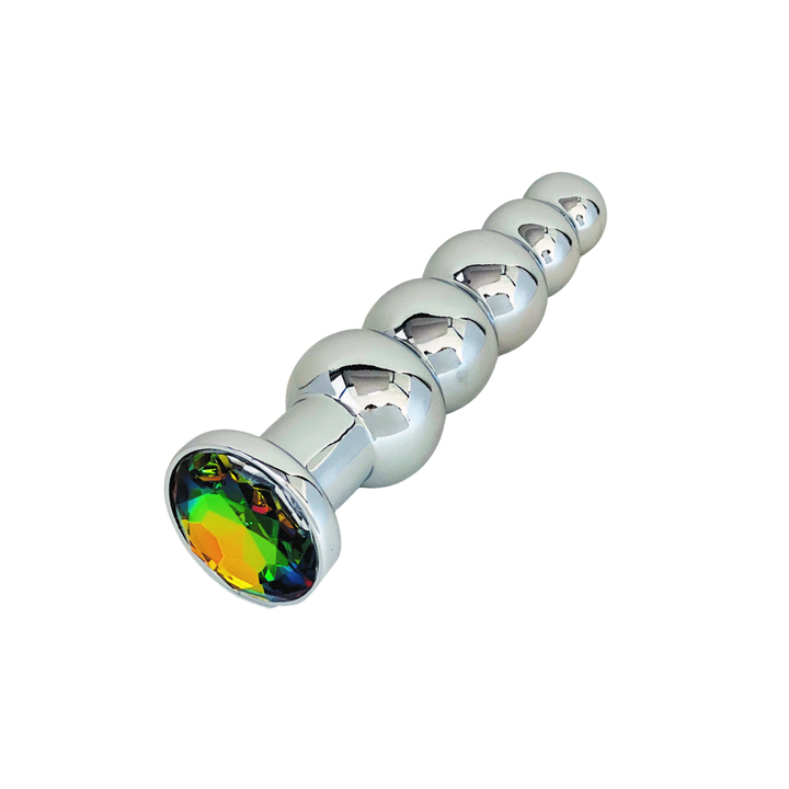 Gender Fluid Excite Plug in polished silver metal with rainbow gemstone base, angled view