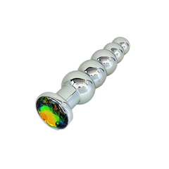 Gender Fluid Excite Plug in polished silver metal with rainbow gemstone base, angled view