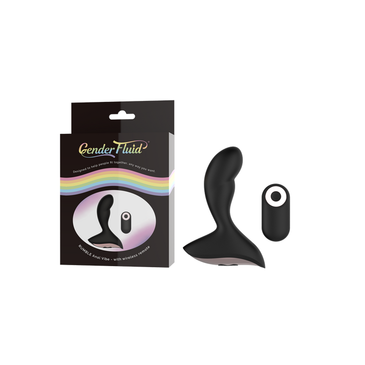 Gender Fluid Rumble Remote Anal Vibe in black silicone shown with retail box and wireless remote