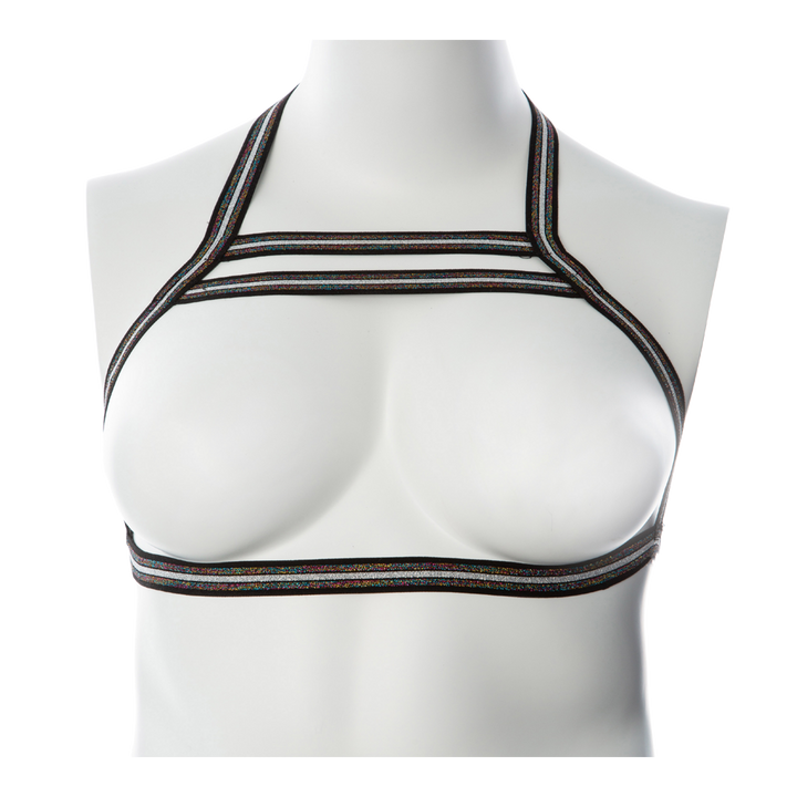 Gender Fluid Silver Lining Harness front view showing multicolor glitter elastic straps on mannequin