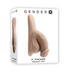Gender X 4 Inch Squishy TPE Packer in light tone shown in its retail box packaging