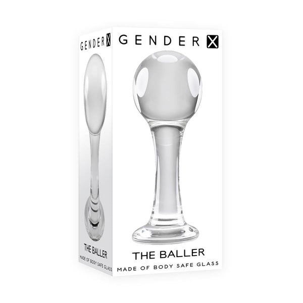 Gender X The Baller body-safe glass plug displayed beside its retail packaging box