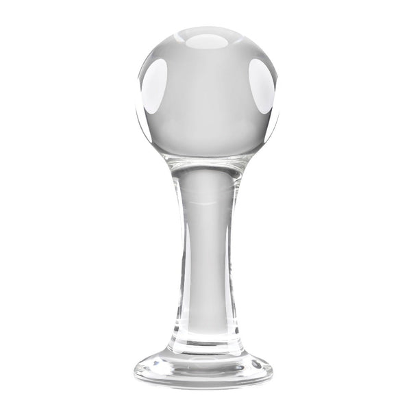 Gender X The Baller clear glass anal plug with rounded bulb head and flared base