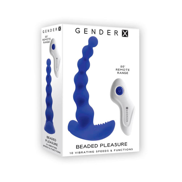 Gender X Beaded Pleasure product box showing toy and remote with 50-foot remote range callout