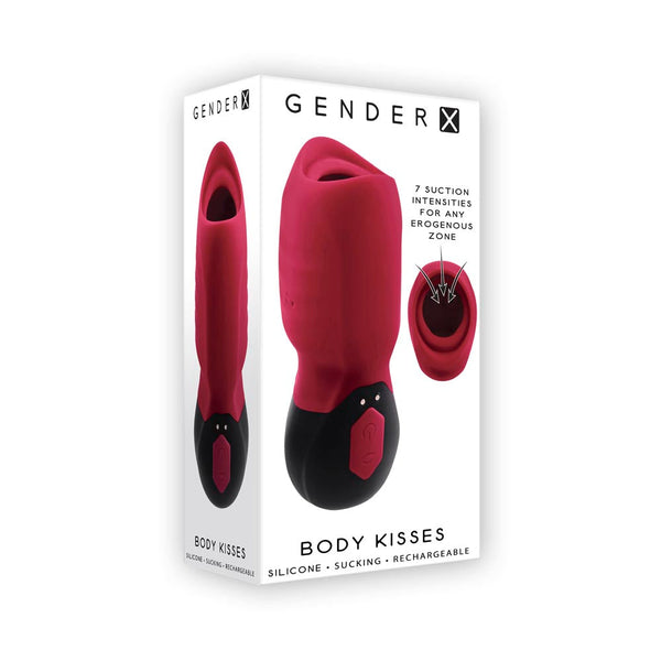 Gender-X Body Kisses retail packaging listing 7 suction intensities, silicone, rechargeable