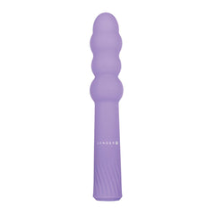 Gender X Bumpy Ride purple silicone vibrator standing upright, beaded shaft detail visible