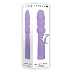 Gender X Bumpy Ride vibrator shown beside its purple retail box, front and back view